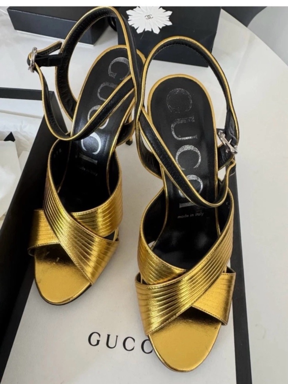 Gucci Women's Gold Metallic Crisscross Strap Heels Size 38